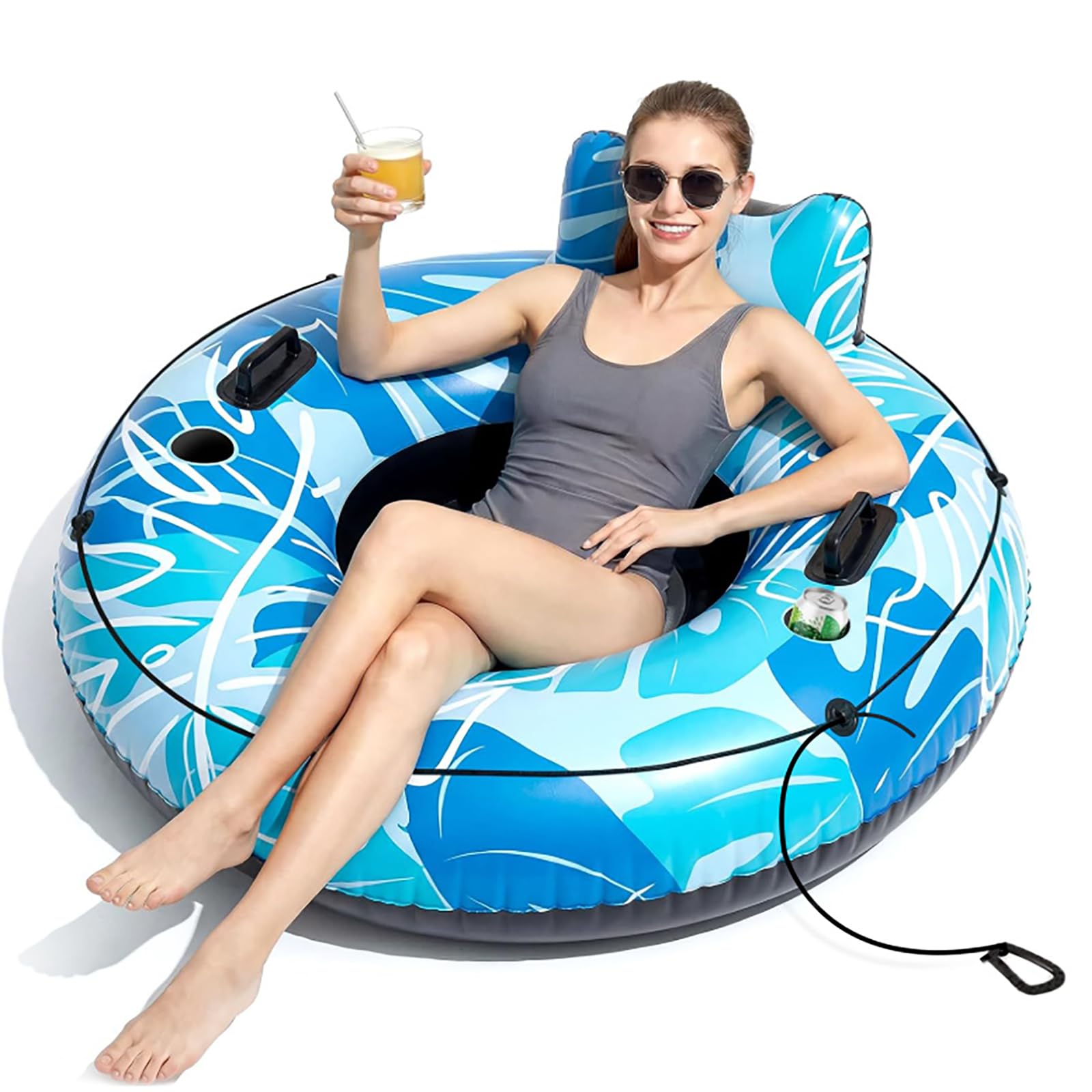 HLDIRECT Inflatable River Tube, Heavy Duty Tube Float with Cooler & Cup Holders River Pool Lake Beach Ergonomic Backrest, Durable Handles & Grab Rope for Adults
