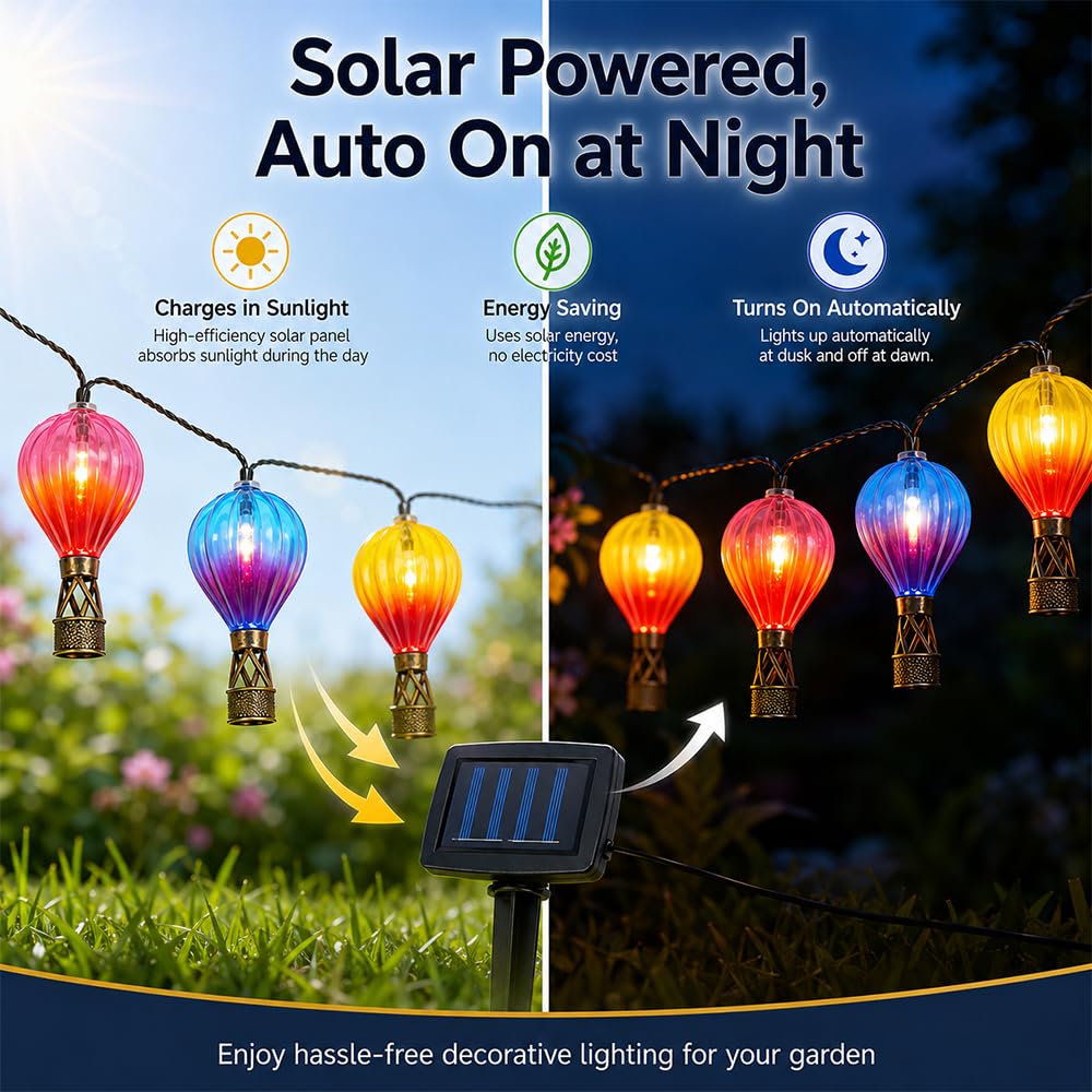 10er Solar Heißluftballon, 2,7m Solarlampen für Außen Hängend, Bunte Lichterkette Lampions Außen Wetterfest für Garten, Terrasse, Balkon & Rasen