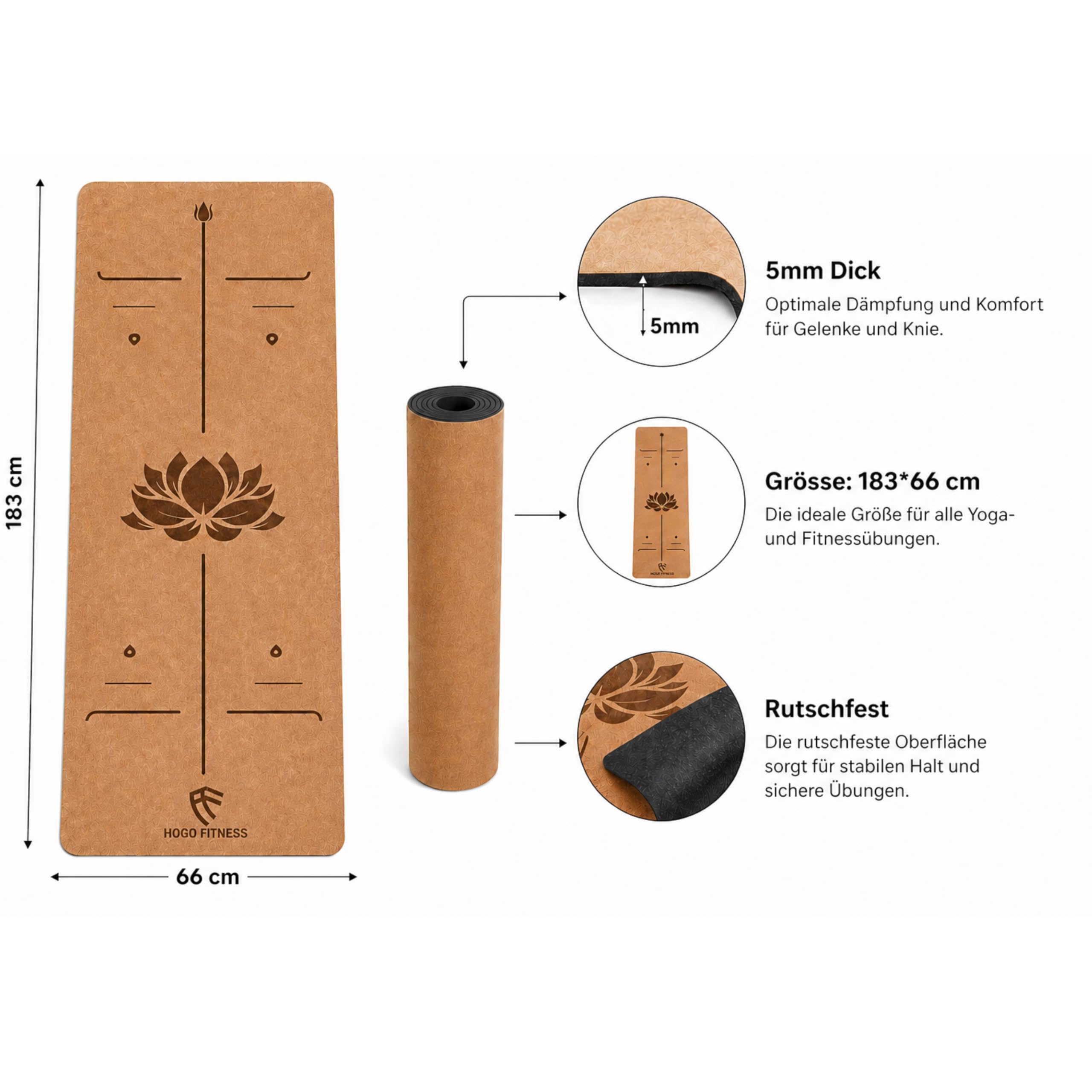 Esterilla de yoga de corcho premium (5 mm, 183 x 66 cm), antideslizante, con líneas de alineación, esterilla de pilates y entrenamiento ecológica, incluye bolsa de transporte