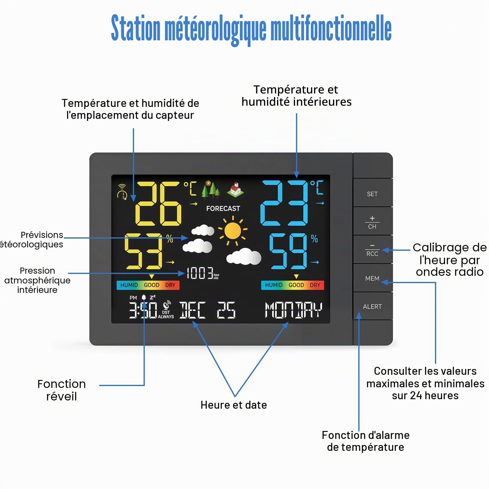 Station météo sans fil avec capteur extérieur, prévisions météorologiques, température, humidité, réveil, pression atmosphérique, distance de transmission de 100 m, station météo avec capteur