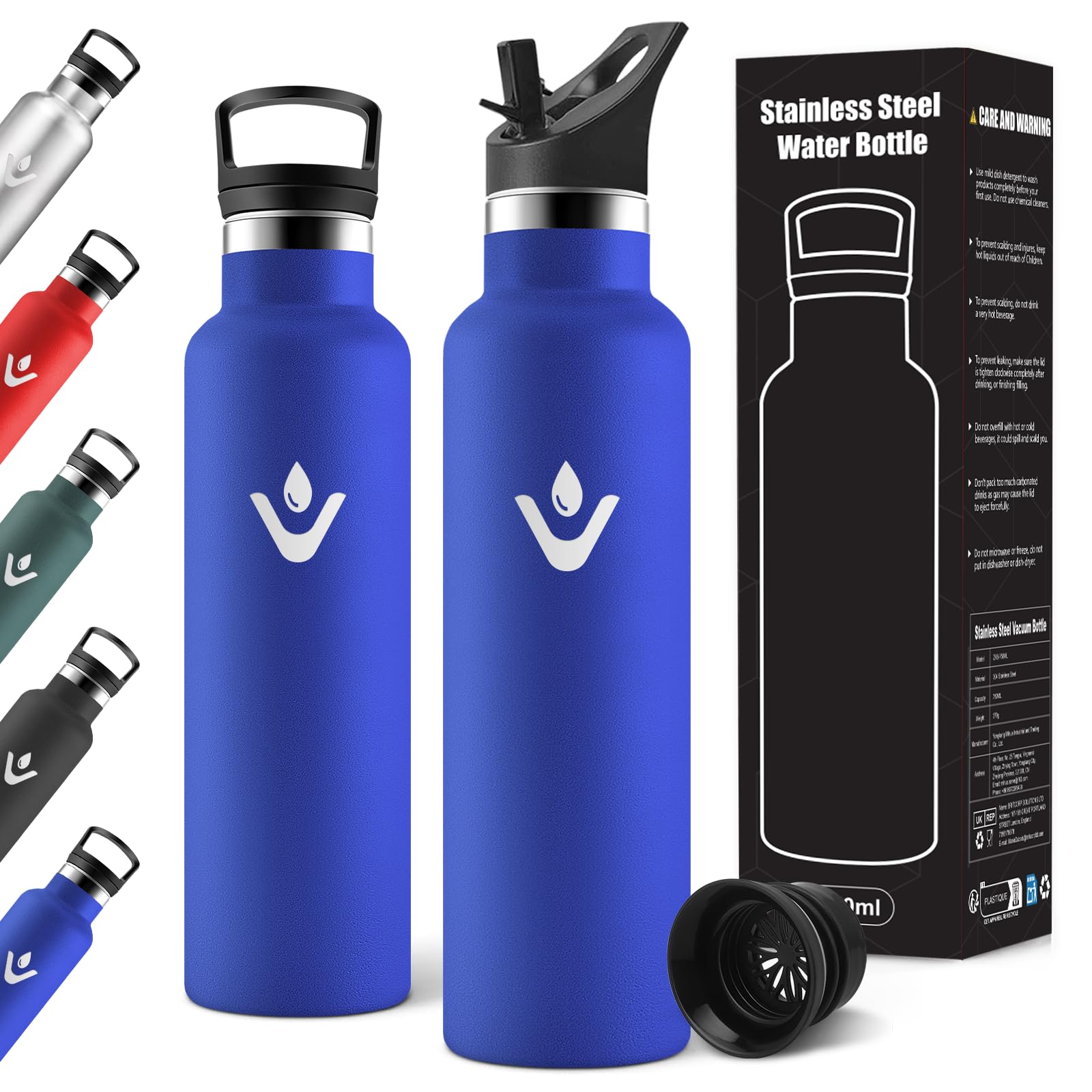Motswedi Borraccia Termica, 750ml Con 2 Tappi, Borraccia con Cannuccia, Doppia Parete, Bottiglia Termica, A Prova di Perdite, Bottiglia acqua Per Scuola, Campeggio, Palestra, Sport, Blu Reale