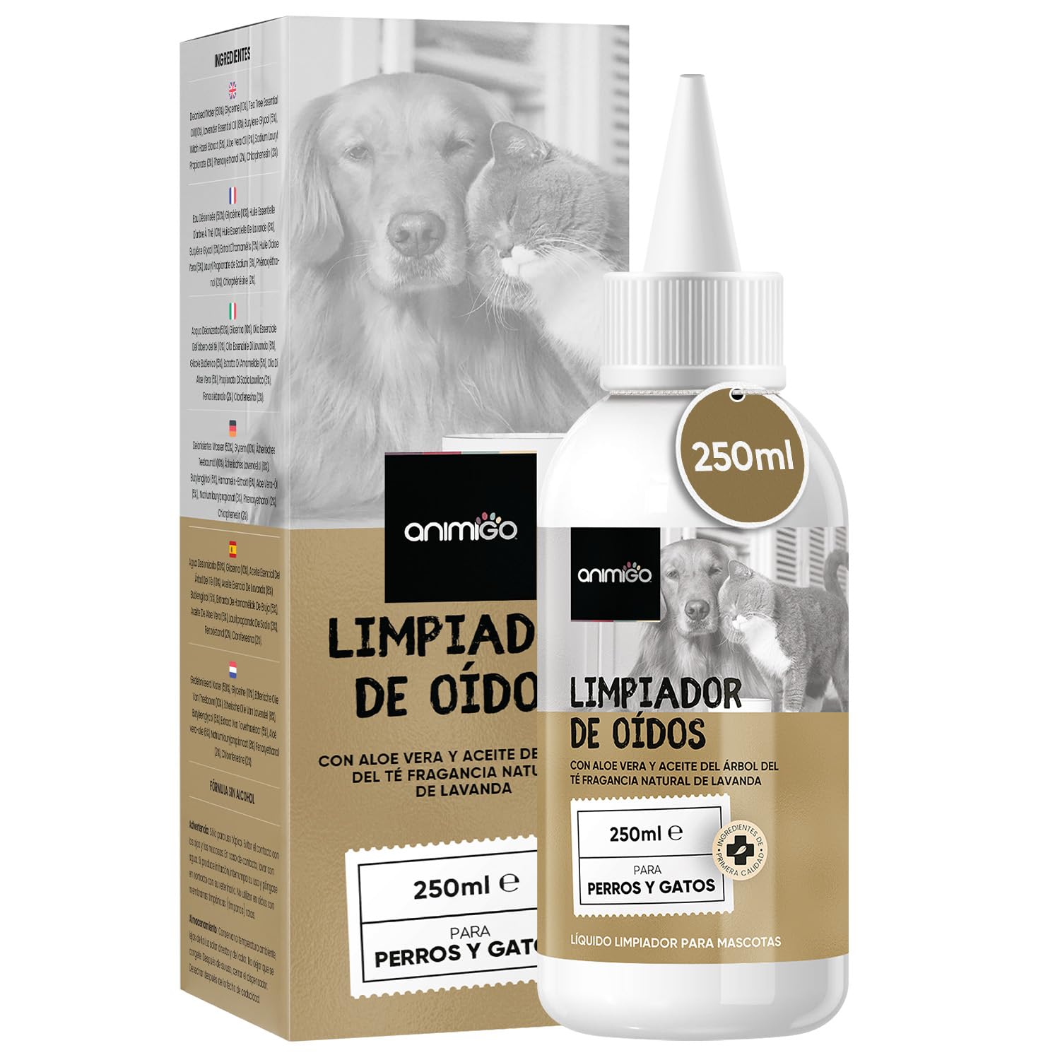 Limpiador de Oídos Perros y Gatos 250ml en Gotas - Natural, con Aloe Vera y Lavanda, Sin Alcohol | Solución Limpieza Oídos Perros y Gatos, Higiene Suciedad y Cera en las Orejas, Tratamiento Efectivo
