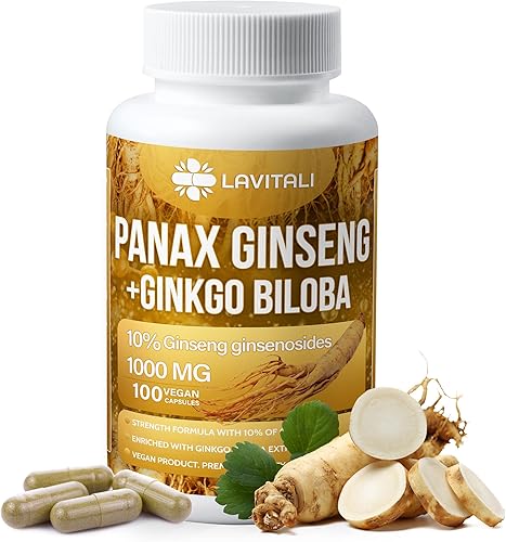 Ginseng & Ginkgo Biloba 100 cápsulas vegetales, polvo de extracto de raíz de ginseng energético, con extracto de ginkgo biloba, píldoras de