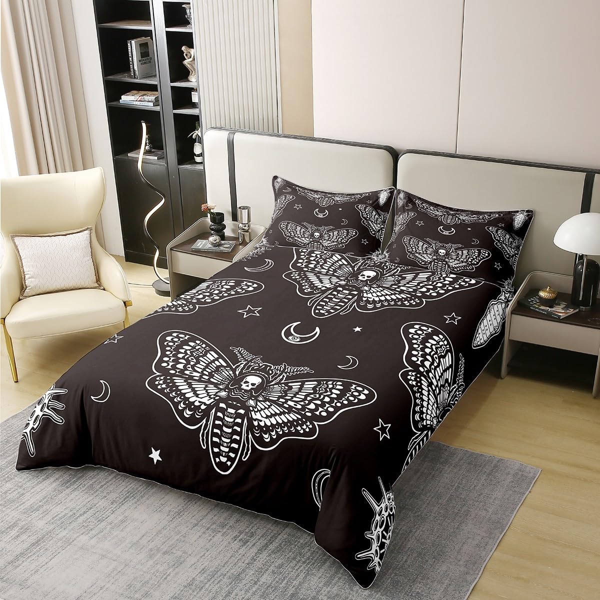 Loussiesd Boho Moth 100% Baumwolle Bettwäsche Set 135x200cm Gothic Schädel Betten Set für Frauen Schlafzimmer Dekor Bohemian Mondstern Bettbezug Set Personalisierte Moth Schädel Skelett Knochen