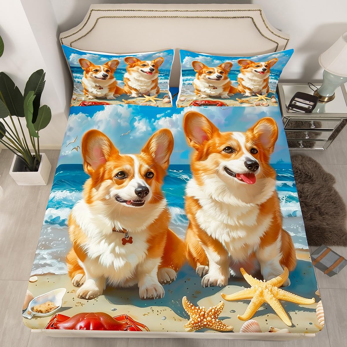 Erosebridal 3D Corgi Dog King Size Sheet Set - 4 Piece Microfiber, 78x80x16 Fitted Sheet, Beach Themed Kids Bedding 7 thumbnail image
