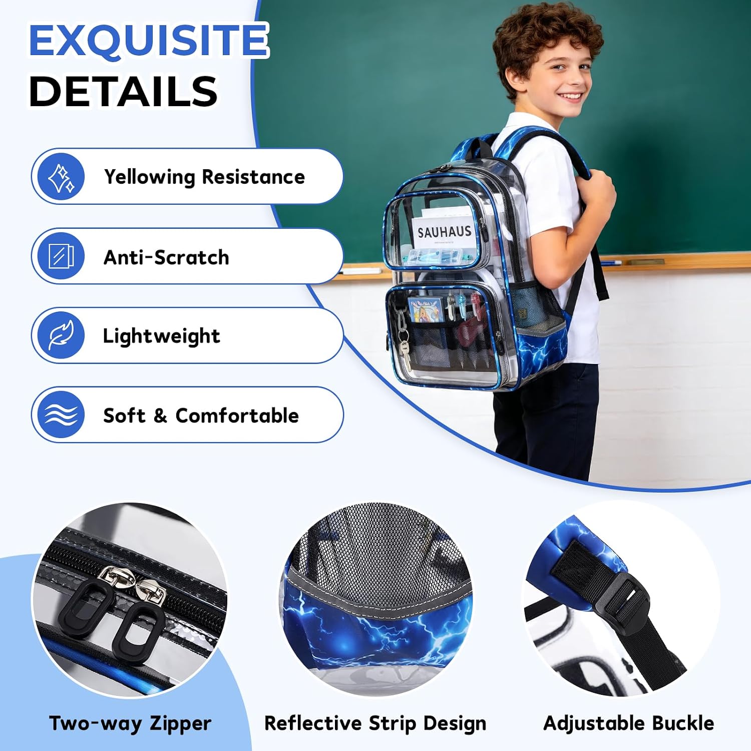 Sisipoet Clear Backpack for Boys with Lightning Print, Heavy Duty Transparent Bookbag for School, Stadium, and Concert, Blue