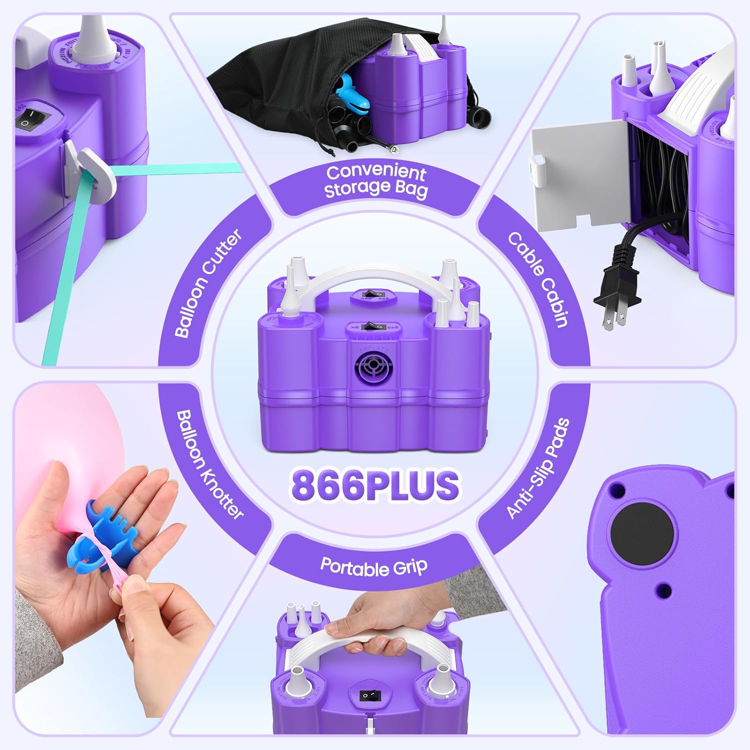 Electric Balloon Pump, 4-in-1 Balloon Blower with Triple Inflating Ports for All Balloons, Air Pump for Sports Balls, Inflator& Deflator for Inflatables (Dust-Proof Storage Bag Included)