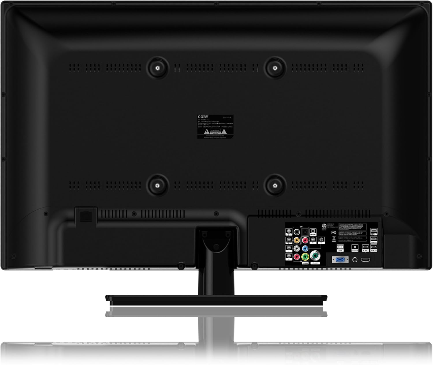 Back view of the Coby LEDTV3218 32-inch LED TV showing all input and output ports