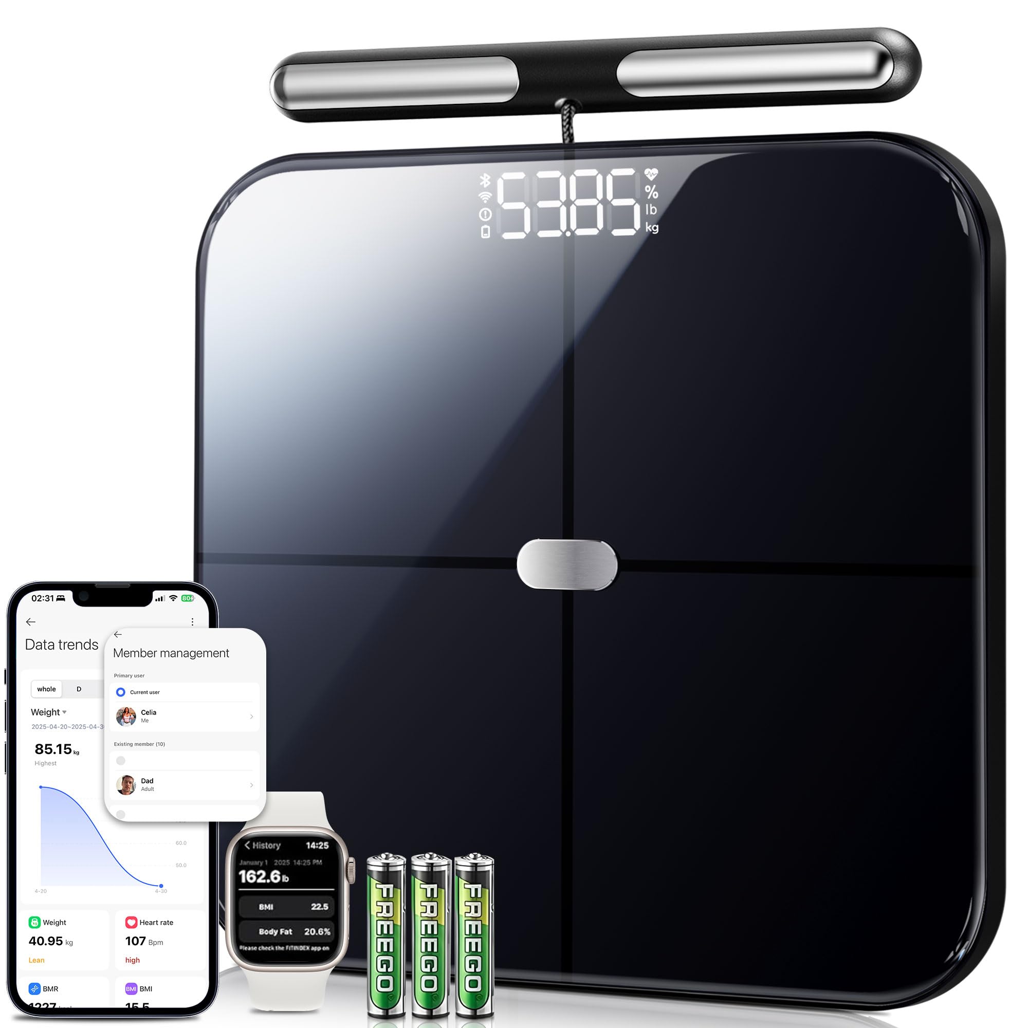 CONOYAR Digital Weight Scale with Retractable Handle, Smart Body Fat Weighing Scale for Weight, Fat, BMI, Muscle and other 57 Body Composition, 8 Electrode Pod Scale with Display