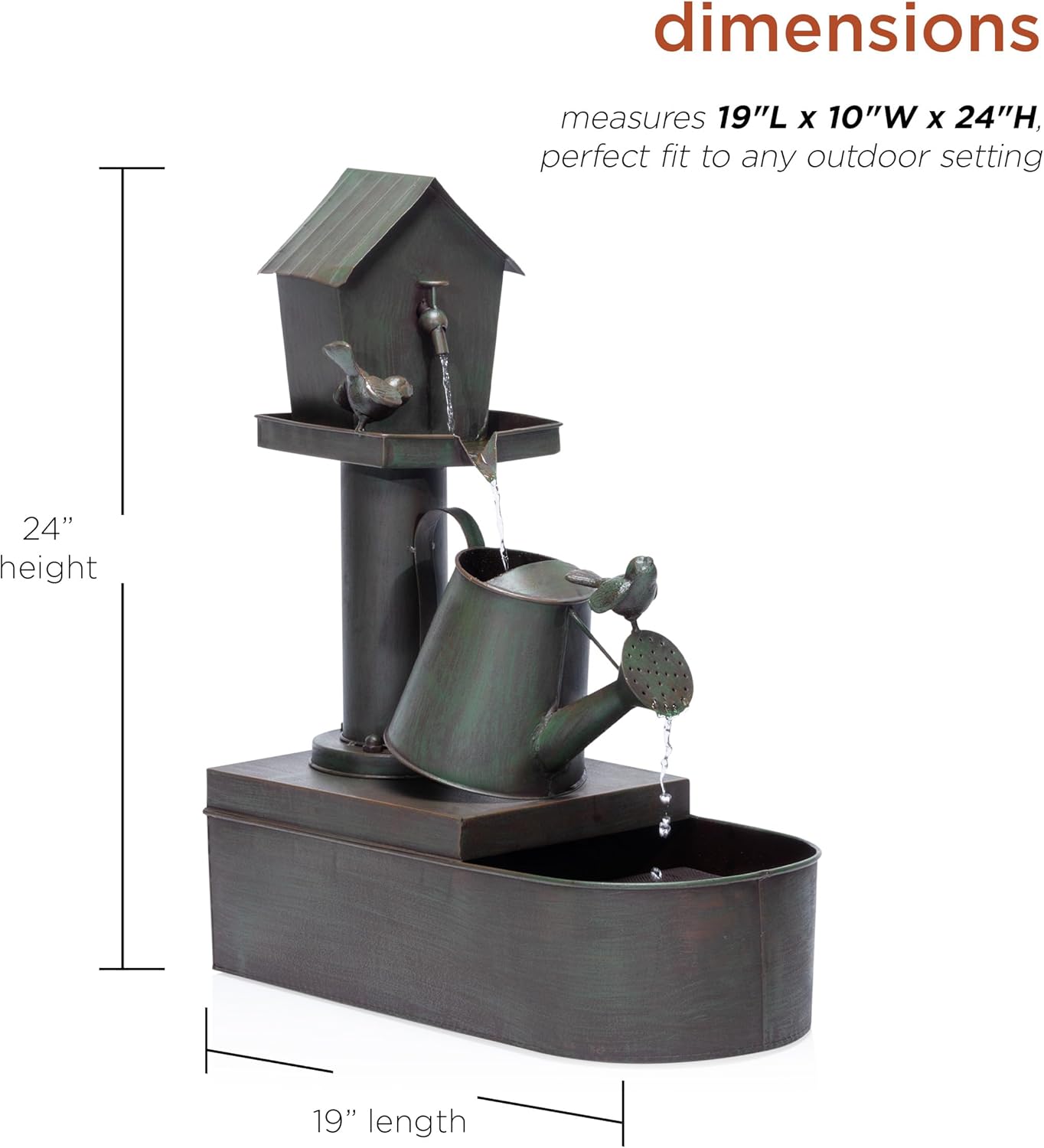 Alpine Corporation MAZ260 Outdoor Rustic Birdhouse Watering Can Floor Fountain, 24" H, Bronze