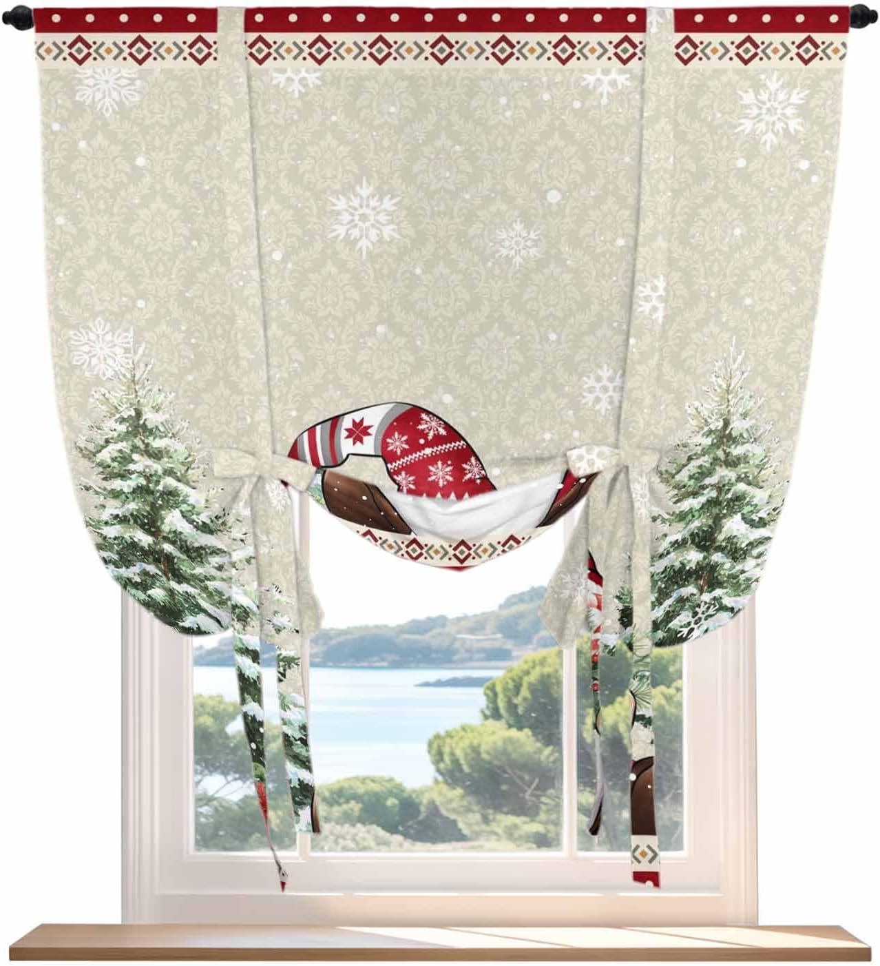 Christmas Southwest Tie Up Curtains for Kitchen Bathroom Bedroom Windows 63 Inch Length, Balloon Drape Curtains Shade Rod Pocket Drapery Curtain Luxury Gnomes Pine Tree 1 Panel, 46"x63"