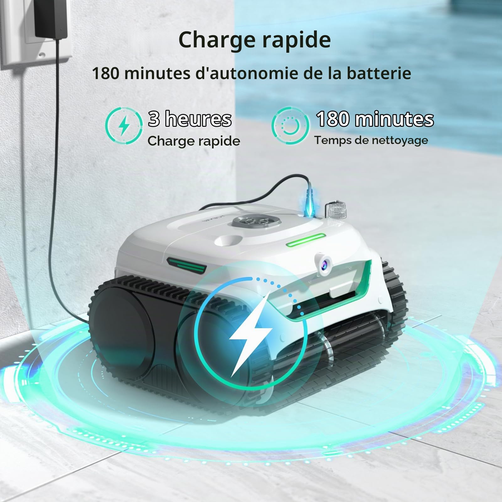 WYBOT C2 Vision AI caméra Robot Piscine sans Fil avec Batterie, Robot de Piscine Sol et Mur, Filtration à Deux Couches, Aspiration puissante, pour piscines enterrées jusqu'à 180㎡(Blanc-Vert)