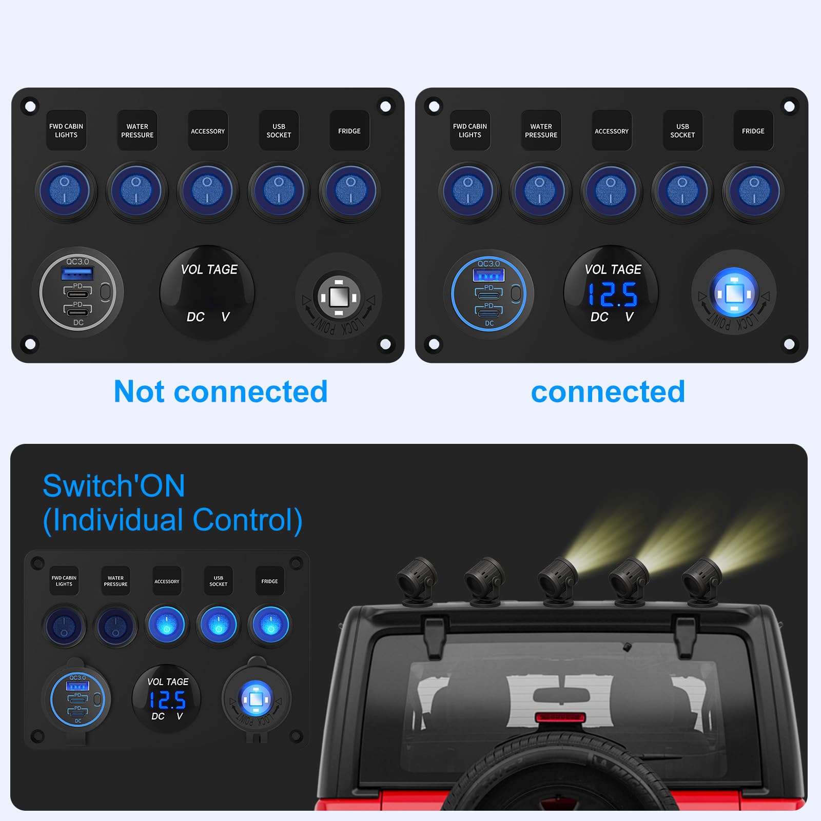 12V 24V 5 banda Interruttore Rocker ON Off Pannello in alluminio pre-cablato Impermeabile con caricabatterie auto triple porte USB 78W, Voltmetro digitale LED e presa accendinore per sigarette