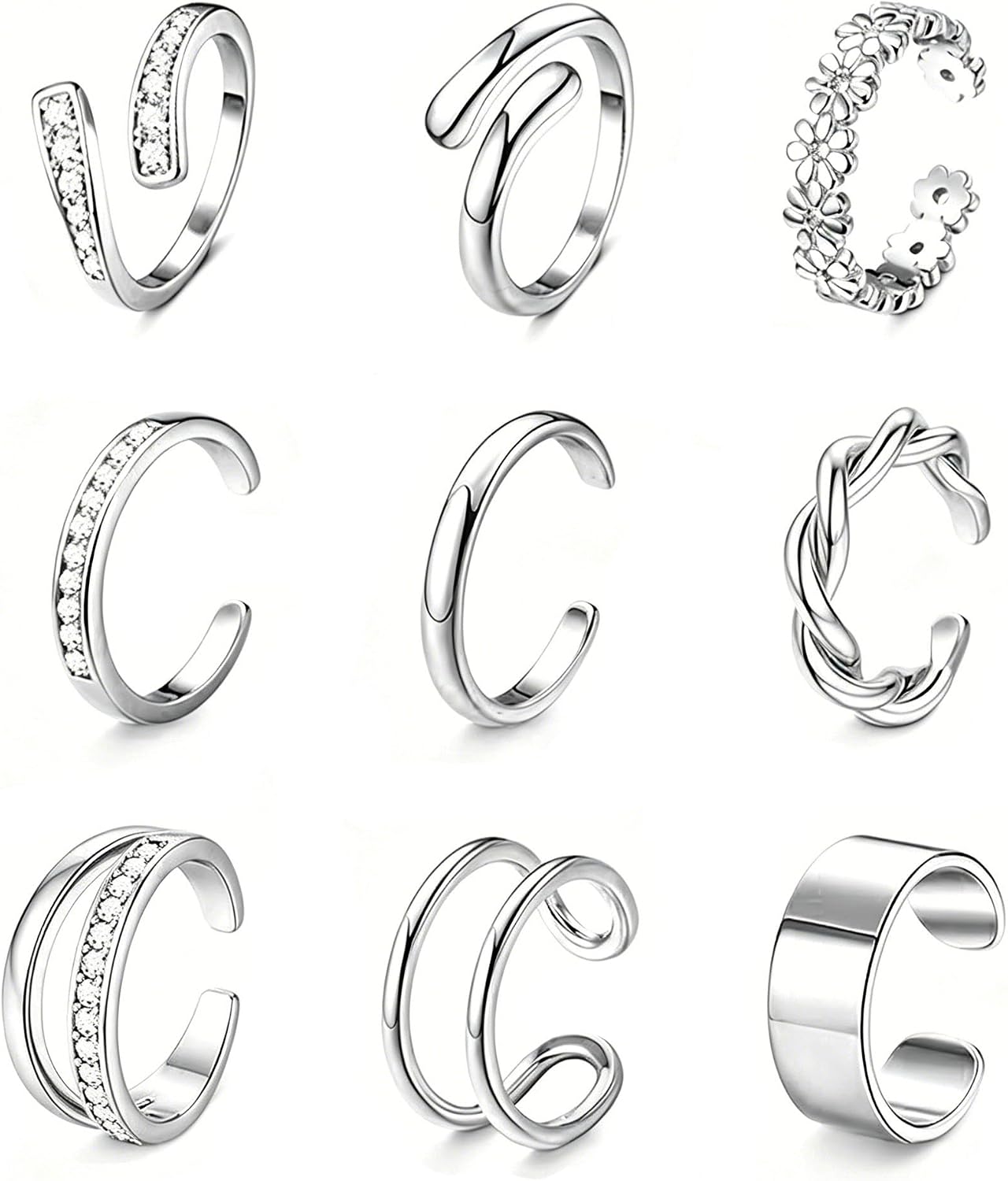 LOFITOR 9PCS Toe Rings for Women Non Tarnish Adjustable 14K Gold Filled Toe Ring CZ Set Simple Hug Chunky Open Band Rings Waterproof Silver Toe Rings Hawaiian Beach Summer Foot Jewelry