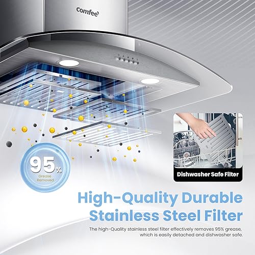 Miniatura 5 de COMFEE' CVG30W8AST Campana extractora montada en pared de 30 pulgadas con conducto, con ventilador de escape de 450 CFM de 3 velocidades, filtros