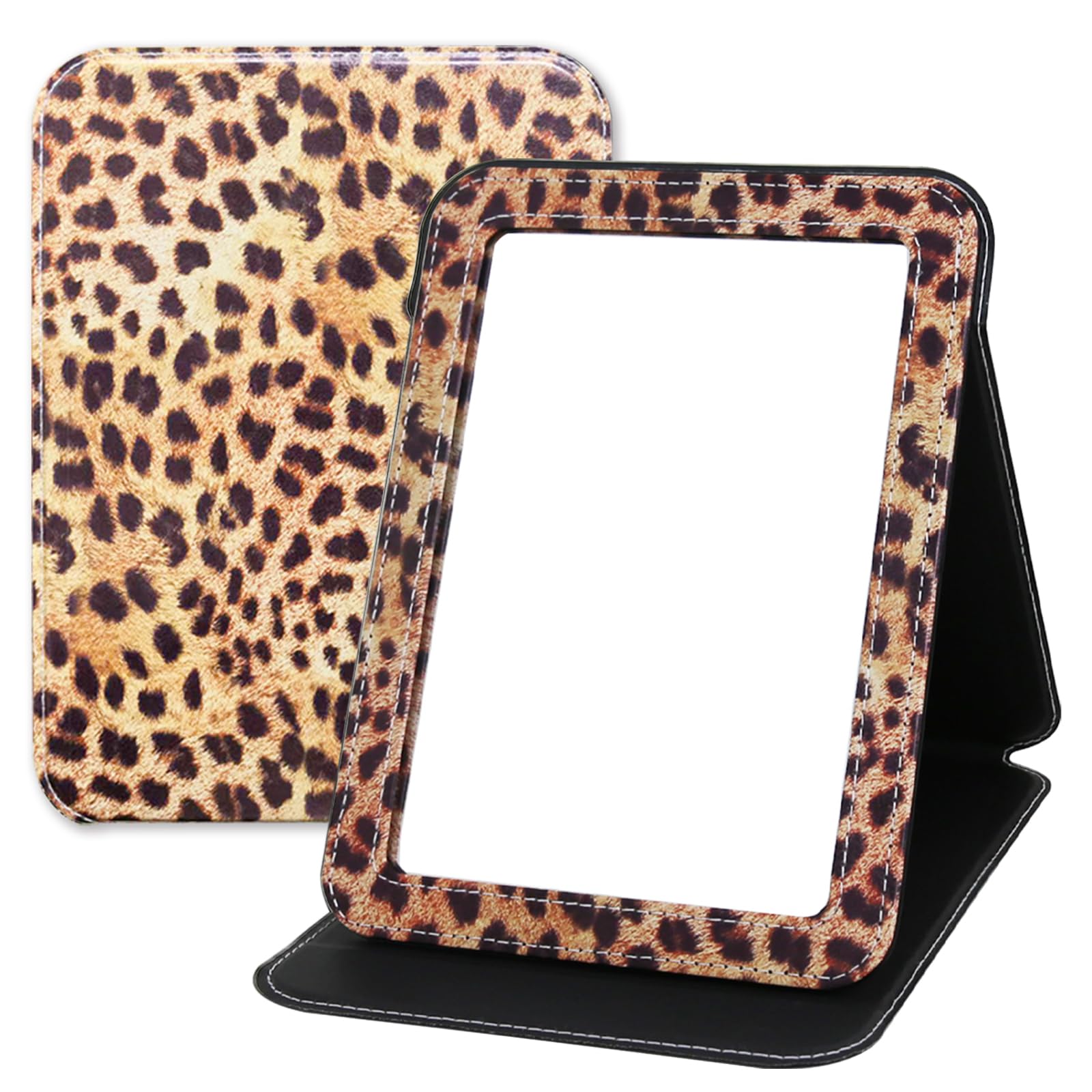 GLINTZ Makeup Mirror, 6.5x8.9 Inches Portable PU Leather Mirror, Folding Desktop Vanity Mirror with Adjustable Stand for Vanity Table, Office, Travel Leopard Print