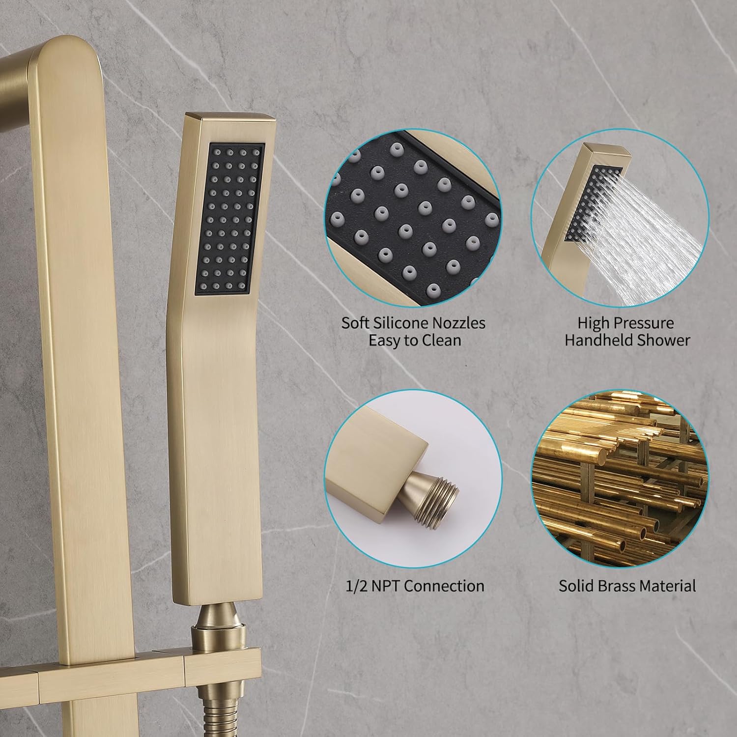 Brass Shower Slide Bar Handheld Shower Head with Hose, Bathroom Showerhead with Handle Spray, High Pressure Shower Slide Bar Height Adjustable with 59.06 Inch Stainless Steel Hose Brushed Gold