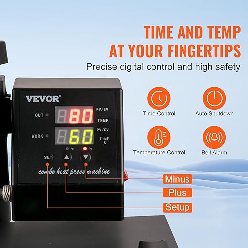 Miniatura 6 de VEVOR Prensa de calor de 15 x 15 pulgadas, máquina de prensa de calor 8 en 1, máquina de prensa de camisetas oscilante de 360, control digital,
