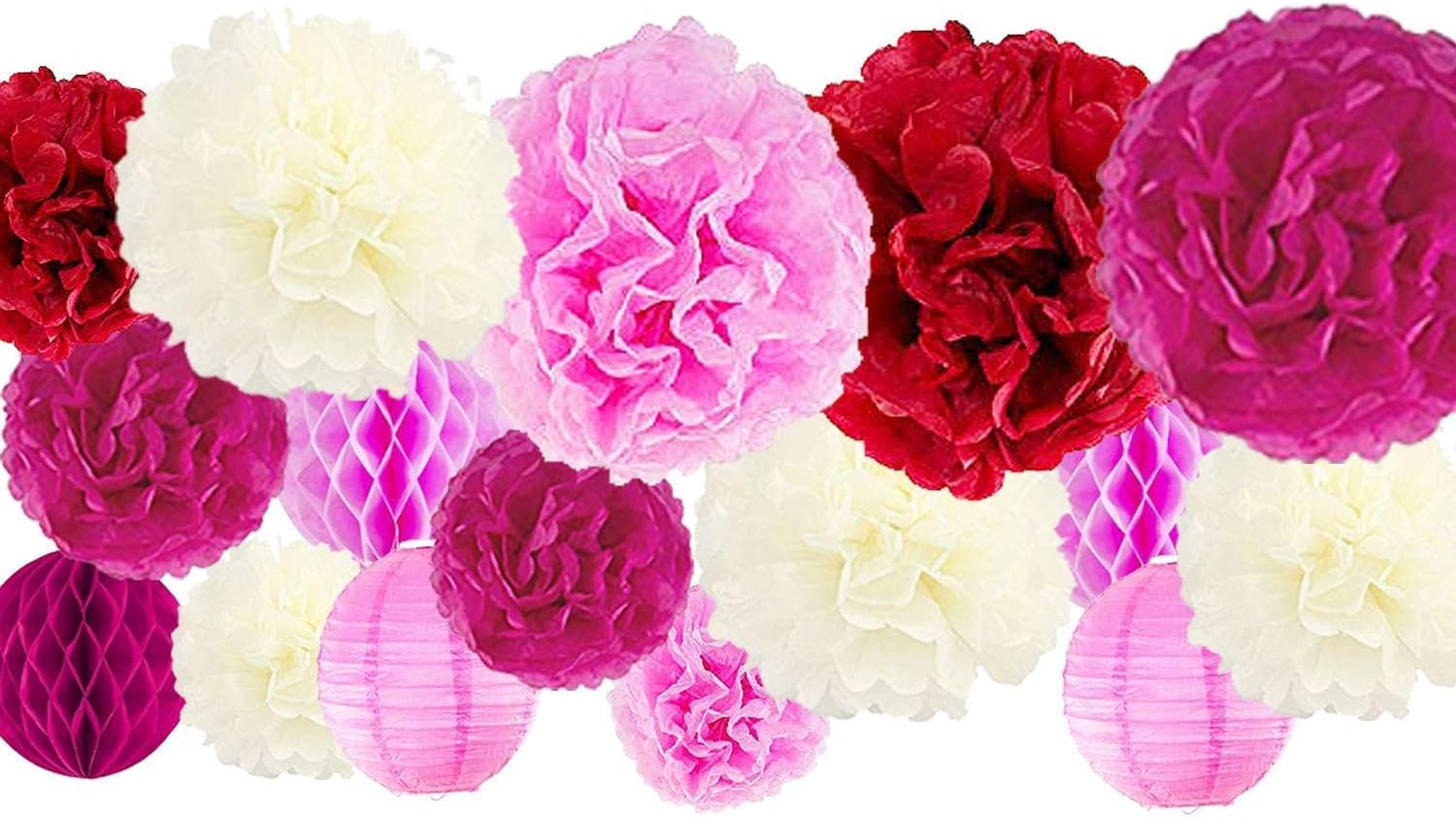 Monkey Home 30 Pcs Tissue Paper Pom Poms Kit (14", 10", 8", 6") Paper Flowers, Paper Lanterns and Honeycomb Balls, for Wedding, Bridal Shower, Birthday, etc (red, Fuchsia, Pink, ivorye, Polka dot)