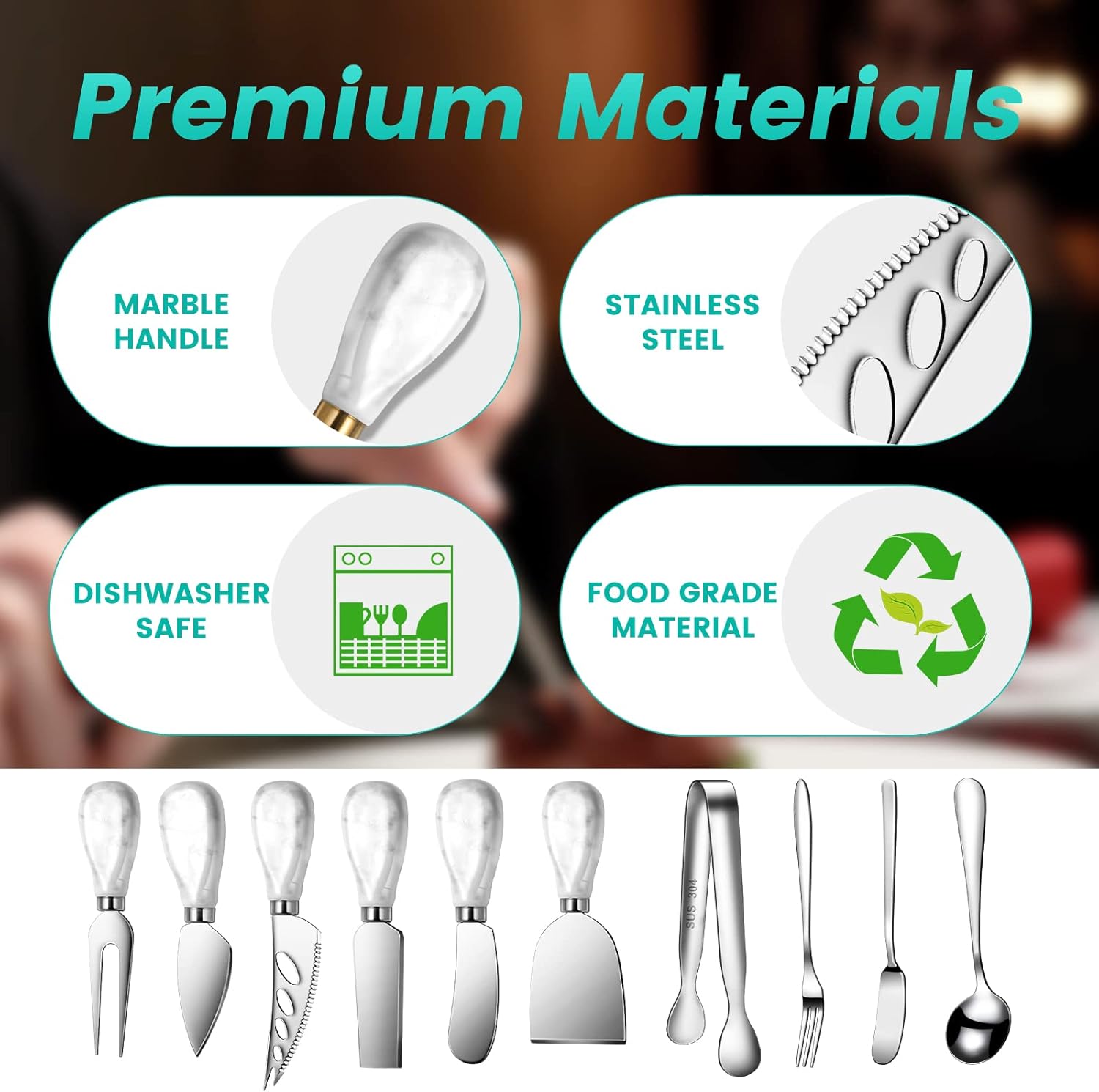 Marble Ceramics Charcuterie Accessories, Cheese Spreader Knive Set for Ceramics Silver Handle Butter knives, Mini Cheese Knife Kit Slicer With Tongs, Spoons, Forks,Honey Dipper (23 Pack)