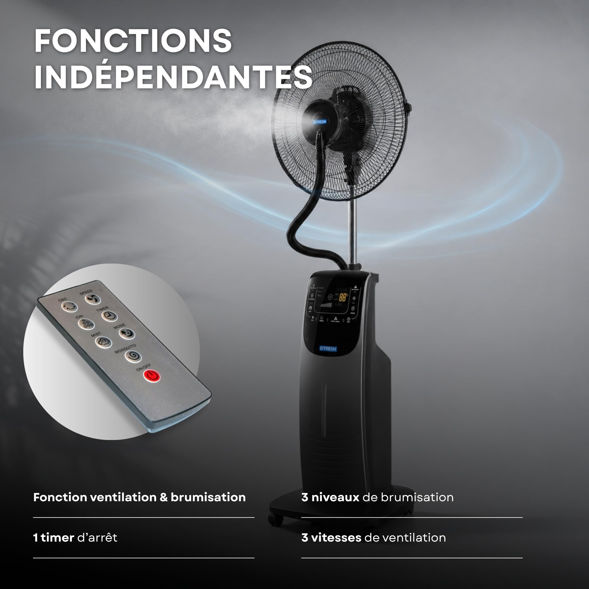 O’FRESH Ventilateur Brumisateur Intérieur sur Pied 135 cm - Rafraîchissement Puissant - Anti-moustique intégré - Autonomie 14h - Ioniseur d’air - Télécommande - Conçu en France