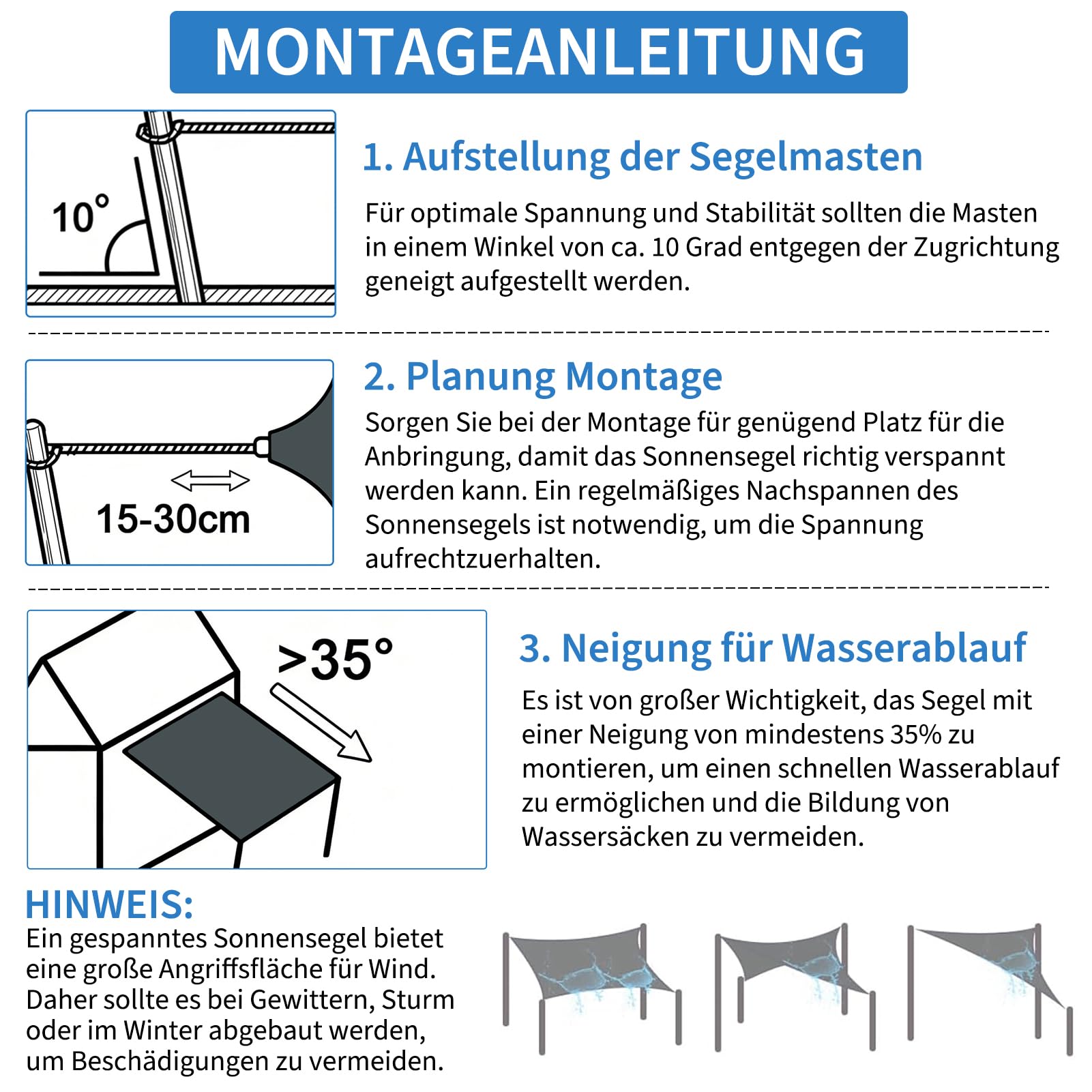 2x4m Sonnensegel Rechteckig, Wasserdicht Sonnenschutz Segeltuch Sunsegel, 95% UV Schutz, Regenschutz, Premium Polyester Sonnensegel für Balkon Terrasse Garten (Hellgrau)