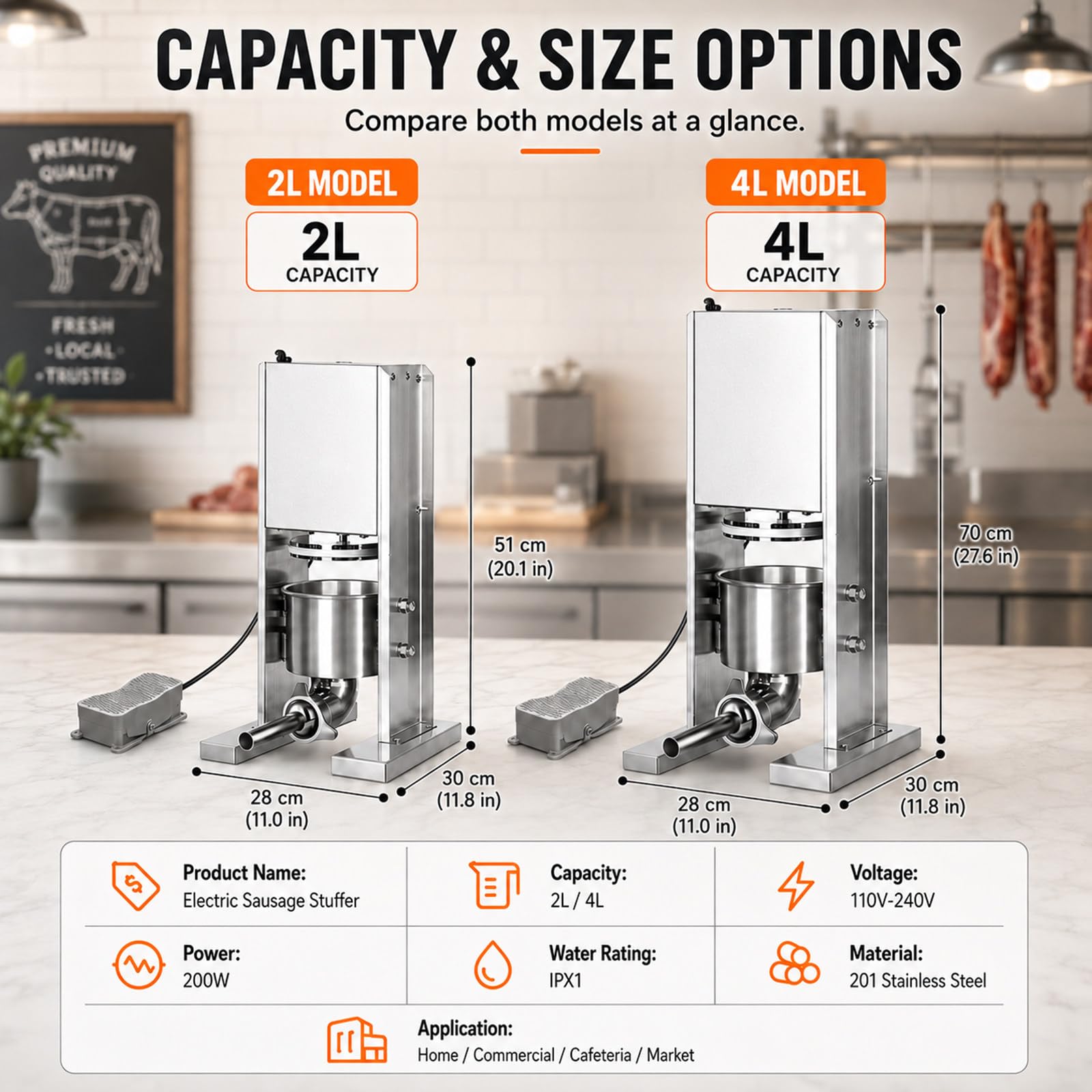 Insaccatrice elettrica, 2L con cilindro estraibile per pulizia 4L | Configurazione verticale da banco, utilizza l’altezza invece di una base ampia e lascia spazio ai lati per gli accessori