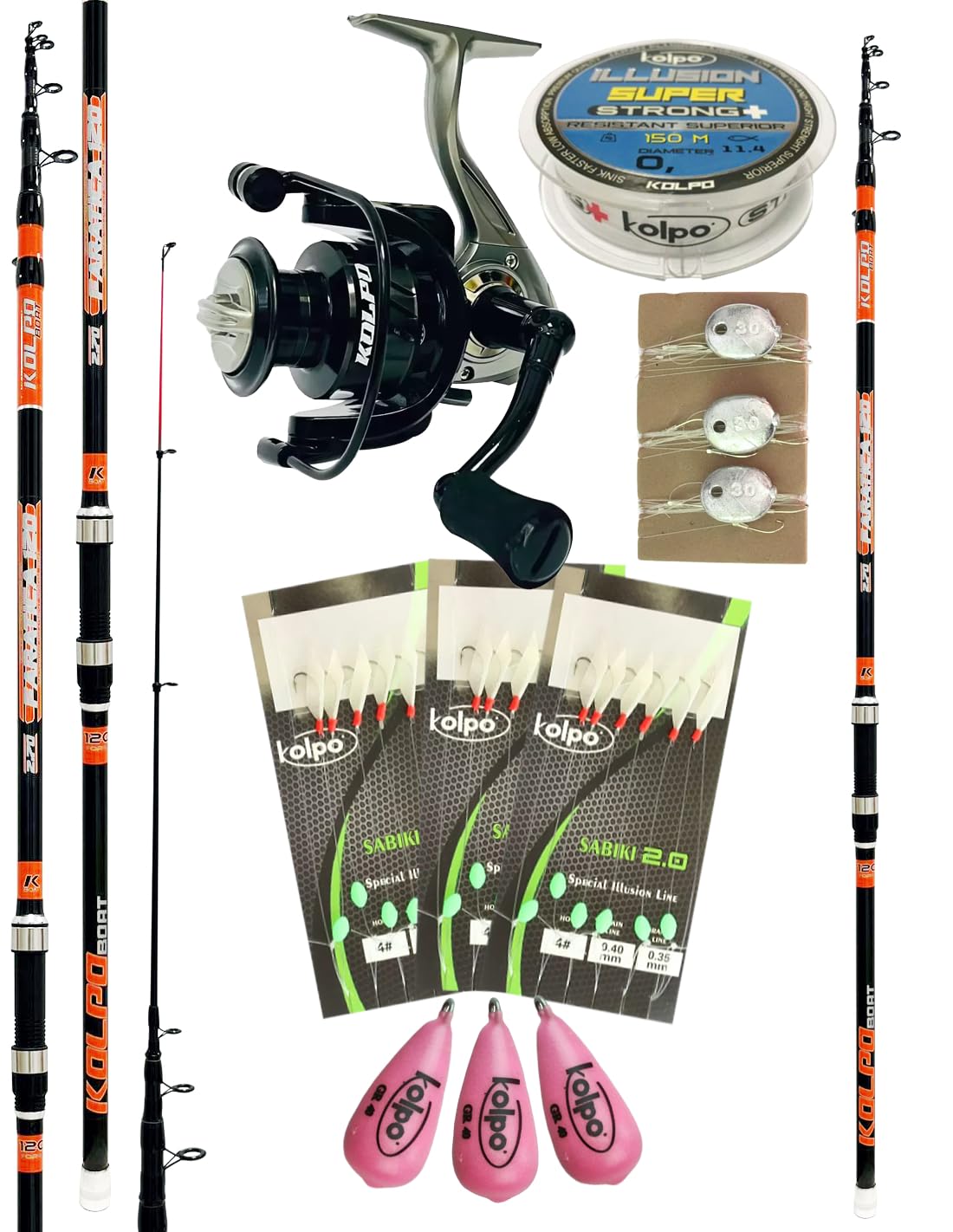 kolpo combo da pesca dalla barca con canna telescopica + mulinello + filo + 3 lenze pronte sabiki + 3 piombi + 3 montature 3 ami