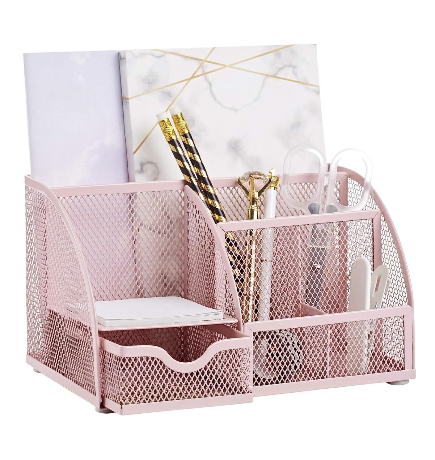 IRYZE Organisateur de Bureau Bureau Organisateur De Bureau En Maille Avec 7 Compartiments Et Porte-stylo De Bureau À 1 Tiroir Accessoire Bureau (Color : Rosa, Size : 22 * 12.7 * 14cm)