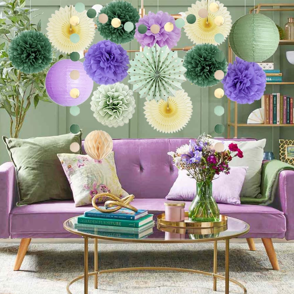 Sage Green and Purple Party Decorations Retro Olive Sage Green and Lavender Party Decorations Pastel Purple and Yellow Fans Poms for Birthday Baby Shower Bridal Shower Wedding Engagement Graduation