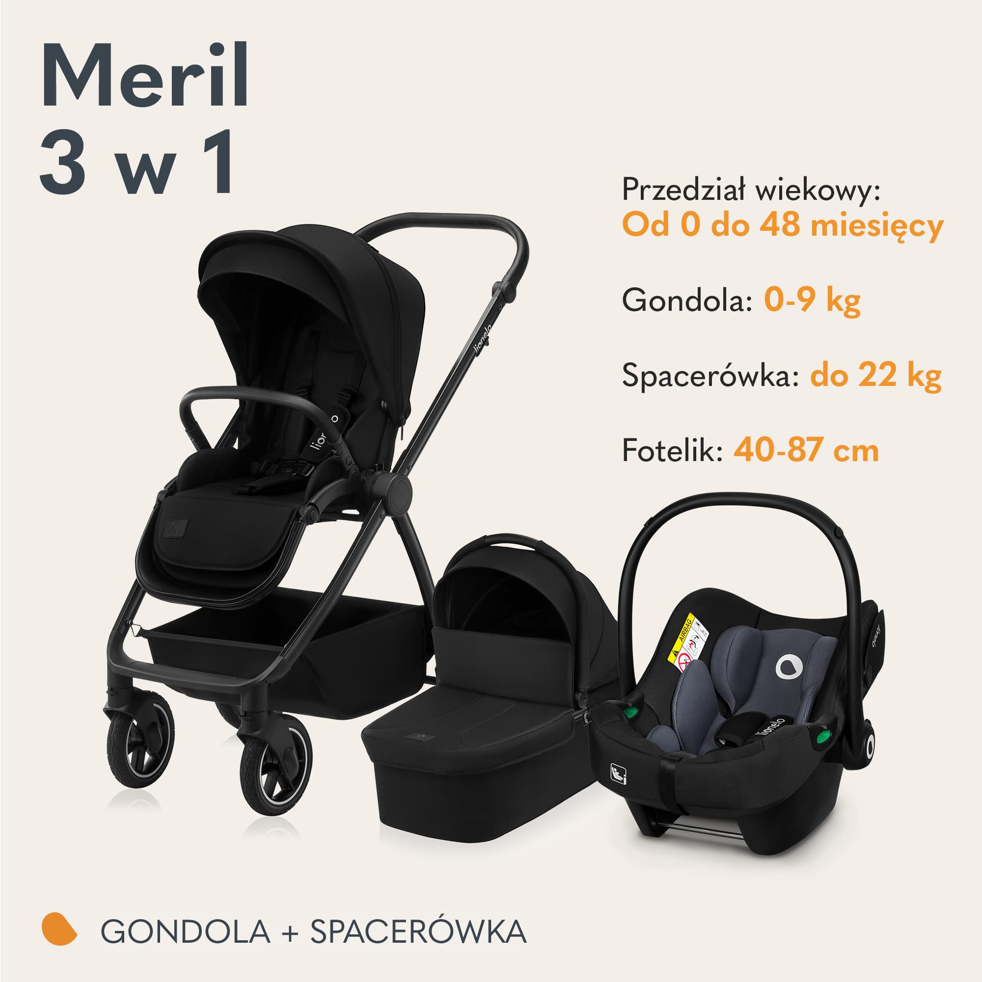 LIONELO MERIL 3 in 1 Wielofunkcyjny Wózek Dziecięcy 0-48 Miesięcy Do 22 Kg, Gondola Do 9 Kg, Fotelik Samochodowy Do 13 Kg, Koła Terenowe 360°, Pełna Amortyzacja, Budka XXL UPF50+ (Czarny)