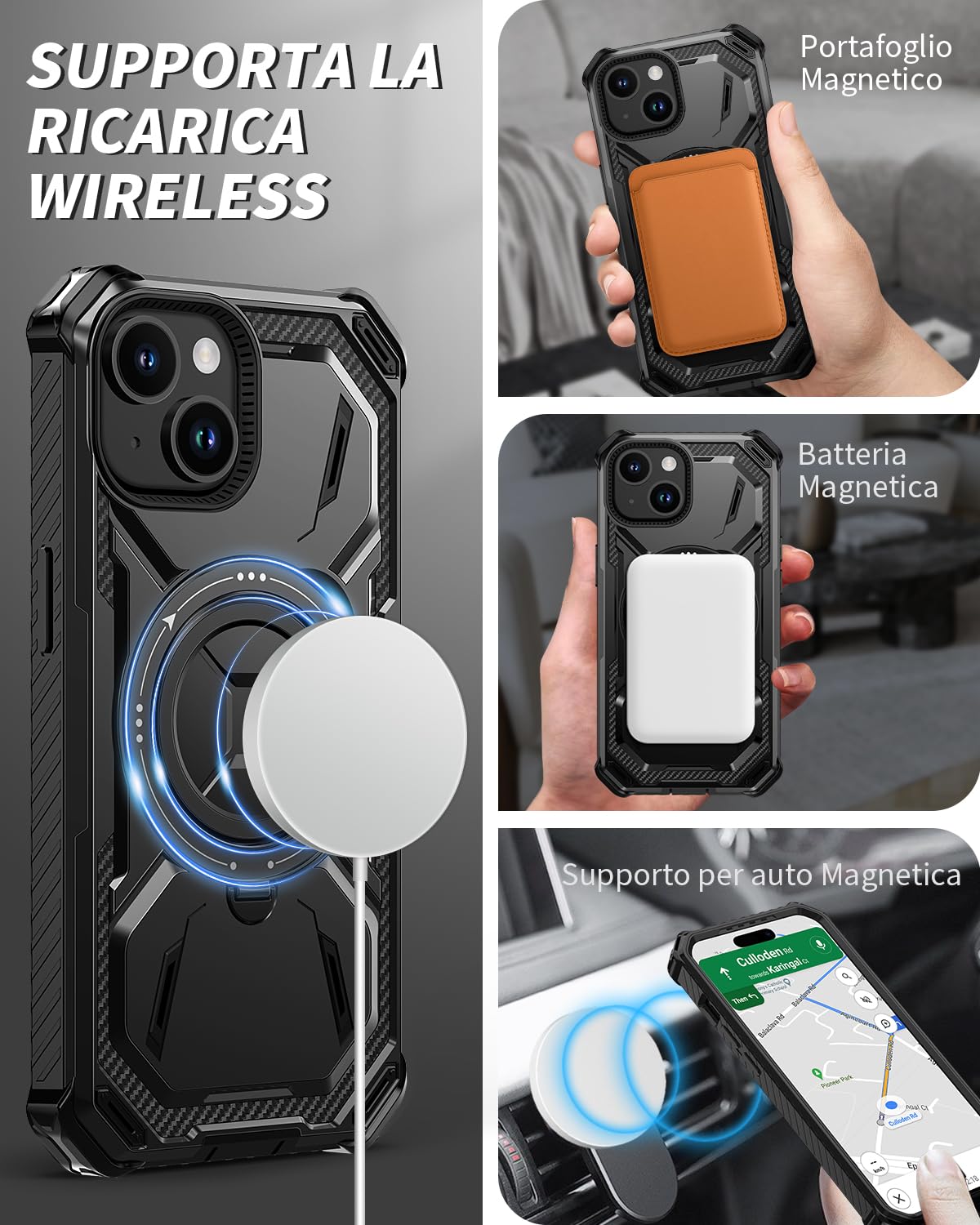 Lanhiem Cover per iPhone 15 con 2 Pezzi Vetro Temperato, Supporto Magnetico ad Anello a 360° Protezione 6FT Antiurto Anticaduta di Livello Militare Armor Protezione, Custodia per iPhone 15, Nero