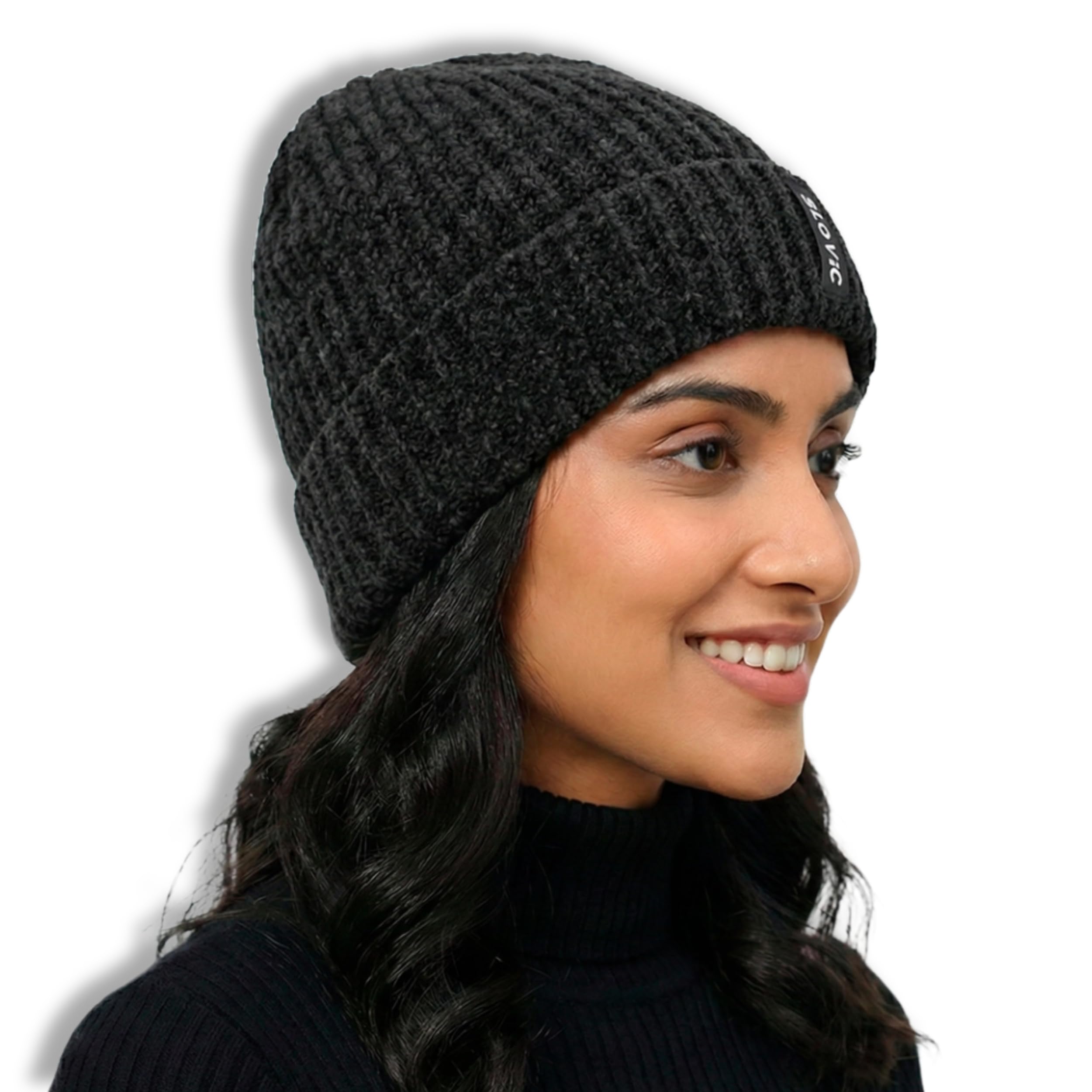 SLOVIC Winter Cap for Men & Women | Roll Over Fit Design | Warm & Stylish Woolen Cap | Matte Black