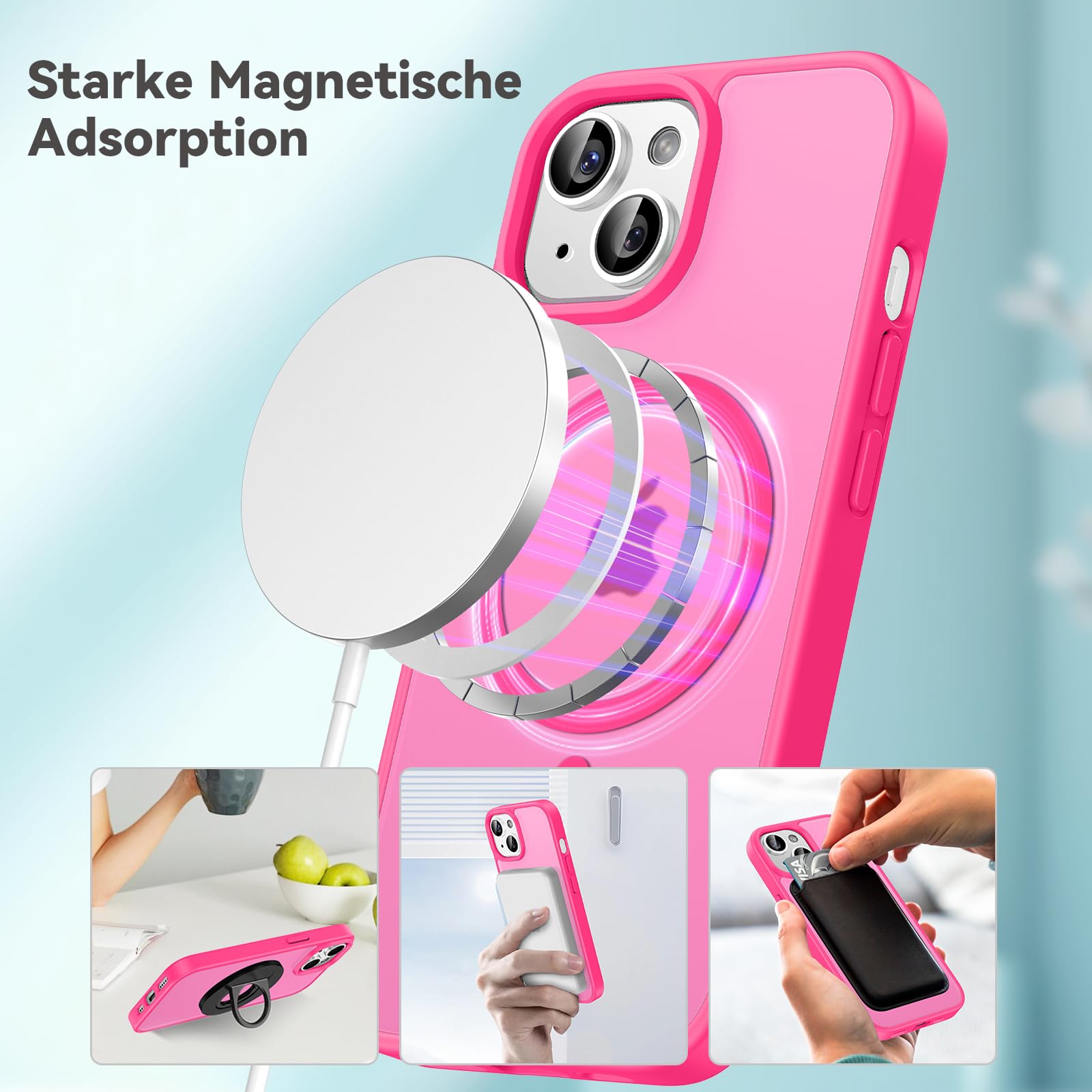 Opkiegrn Cover Magnetica iPhone 13/14 / 15 / 16e, Compatibile con MagSafe, Protezione Antiurto di Livello Militare, Custodia Traslucida Acrilico Posteriore Protettiva Sottile Case, Rosa