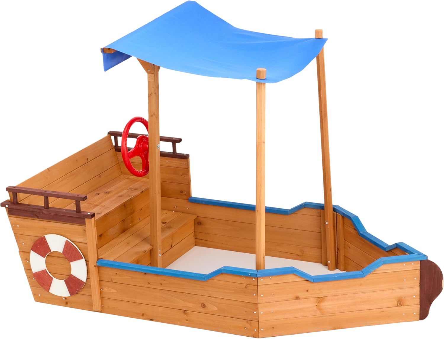 Pirate Ship Sandbox with Cover Rudder Storage Bench Weatherproof Bottomless Design Solid Wood Wooden Play Boat Wood Color