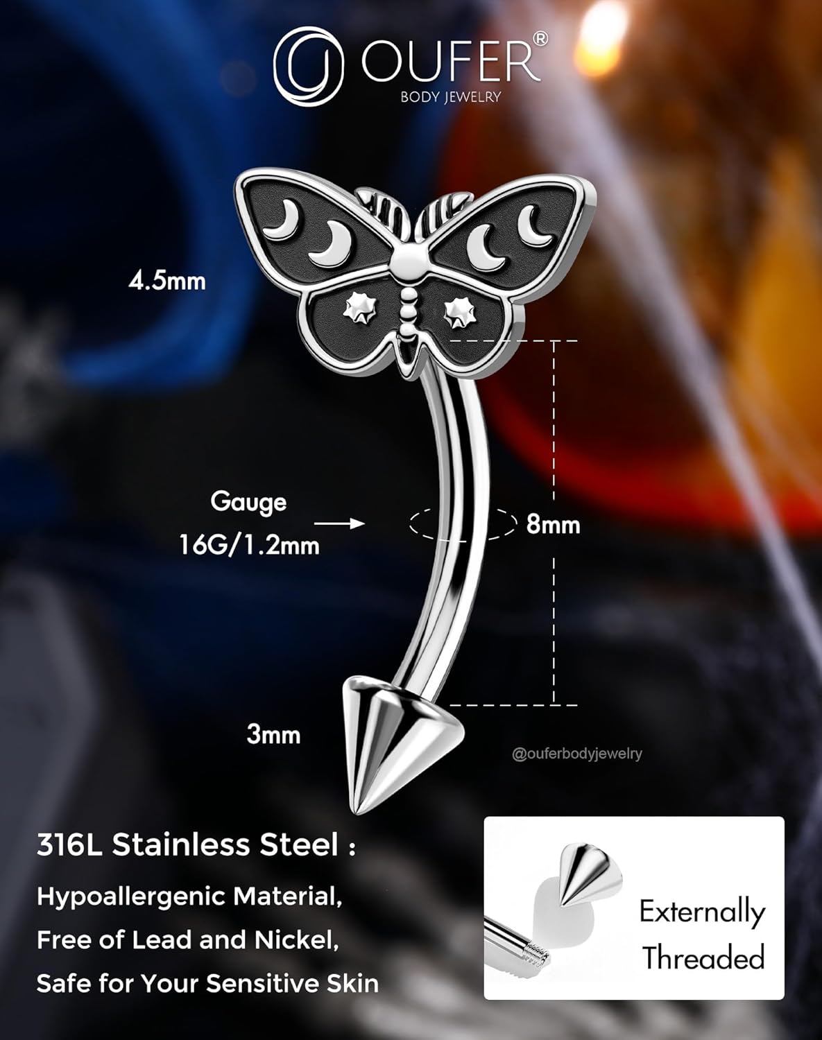 OUFER Halloween Moth Rook Eyebrow Piercing Jewelry, 316L Surgical Steel Rook Earrings for Women Men, Spooky Eyebrow Rings, 16G Curved Barbells, Halloween Body Piercing Jewelry-8mm - Image 5