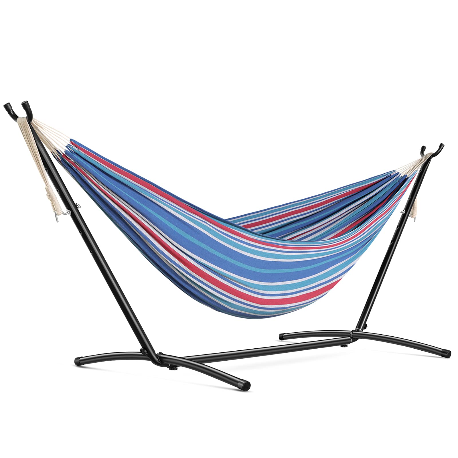 VOYAGGE Polyester Hammock Swing with Stand, Double Brazilian Style Hammock, 2-Person Outdoor and Indoor Use (110 x 47 x 43 inches, Blue Pinstripe)