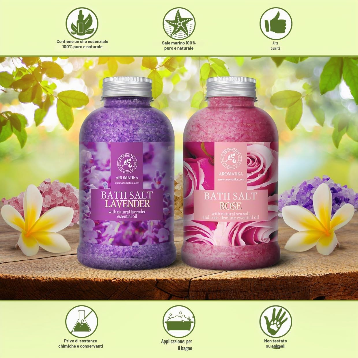 Sali da Bagno Set Lavanda & Rosa 2х600g - Sale Marino con Olio Essenziale di Lavanda - con Olio Essenziale Assoluto di Rosa - Cura del Corpo - Rilassamento - Bellezza - Aromaterapia