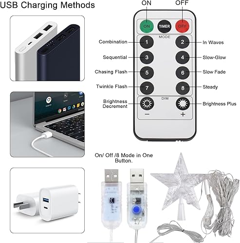 Miniatura 5 de Luces de árbol de cascada, 6.6 ft6.56 pies x 9 líneas de luces USB para árbol de Navidad con estrella superior, 198 luces LED impermeables con 8