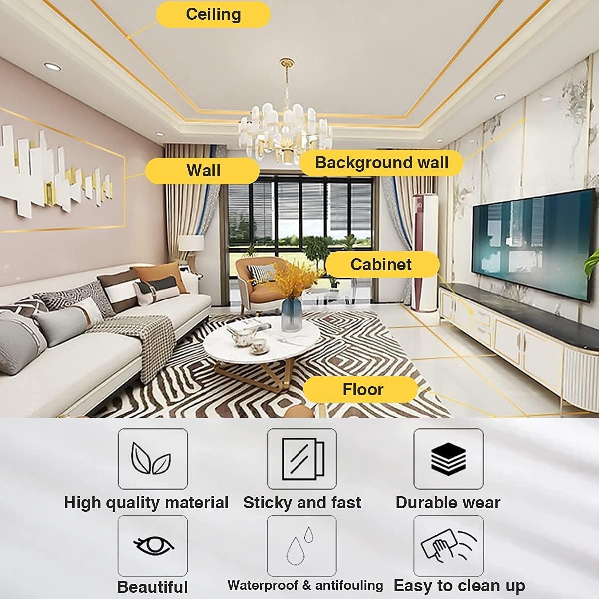 VANSHORA Golden Tile Strip Tape 50 Meter | Waterproof Self Adhesive Gap Sealing Foil for Floor Tiles Wall Decor Cabinet Kitchen | 1 CM Metallic Gold Seam Sticker 4