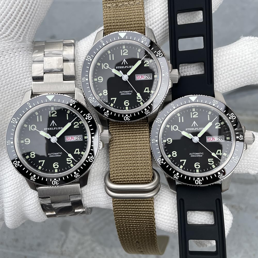 Steelflite Montre automatique de plongée de style militaire avec cadran lumineux, affichage jour-date, étanche jusqu'à 200 m