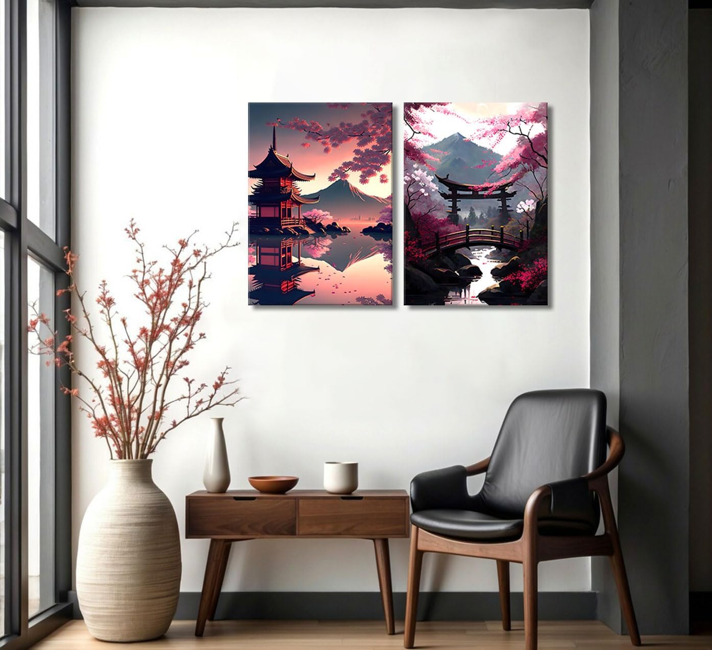 2Pcs Japanese Canvas Wall Art Japan Landscape Posters Prints Sakura Wall Decor Pictures for Living Room Bedroom Home Decoration, 12x16in