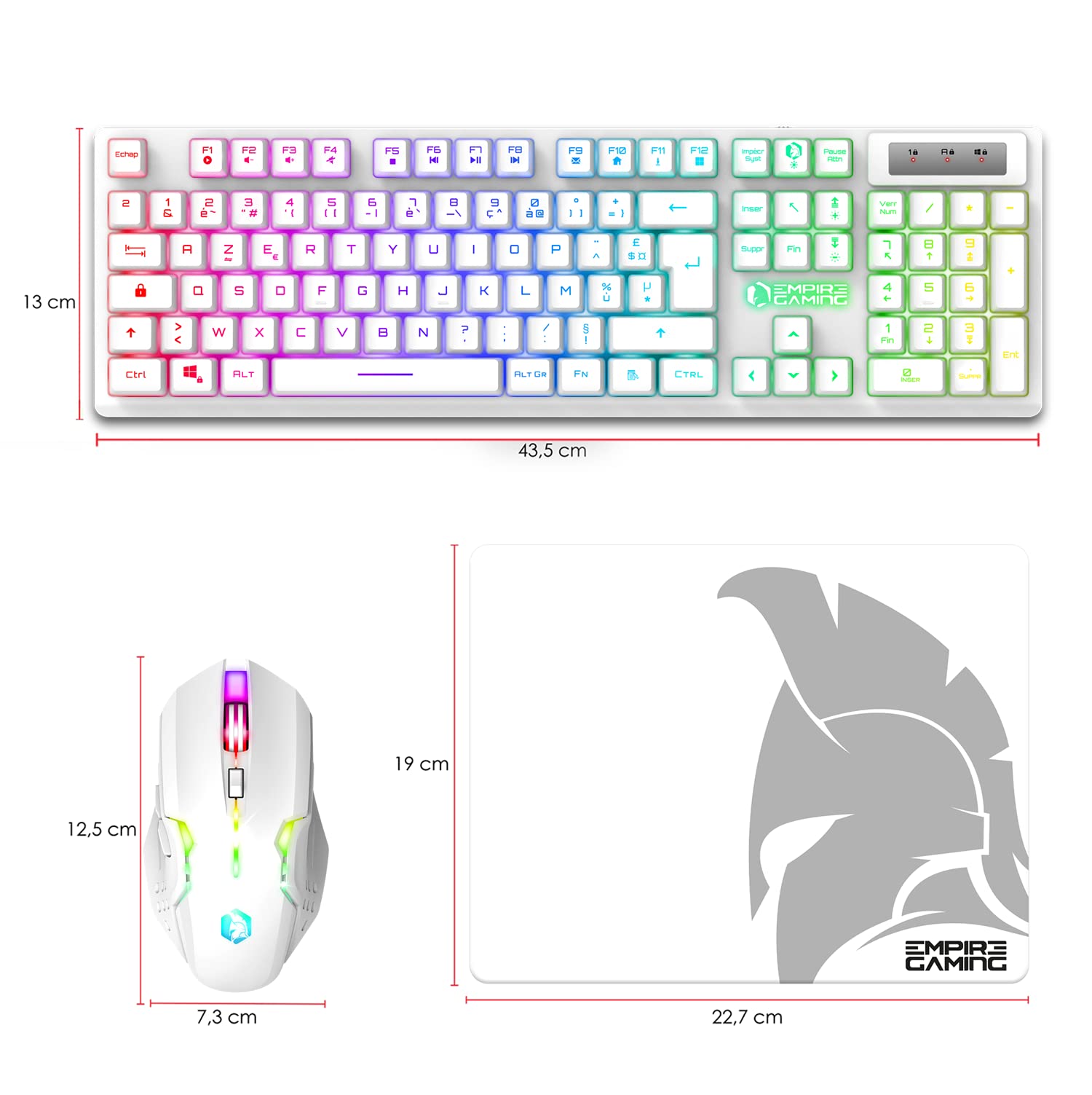 Empire Gaming Armor RF800 Pack Clavier Souris Gaming Rechargeable sans Fil AZERTY (Français-Layout) RGB avec Tapis de Souris -Clavier 2.4G -Souris 4800 DPI -PC PlayStation Xbox One/Series Mac - Blanc