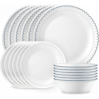 corelle 18 piece dinnerware set service for 6 people lightweight round plates and bowls vitrelle triple layer glass chip resistant microwave and dishwasher safe caspian navy white