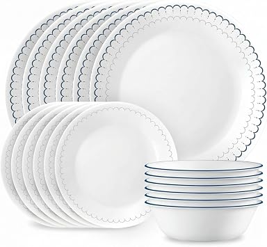 Corelle 18-Piece Dinnerware Set Service for 6, Lightweight Round Plates and Bowls Set, Vitrelle Triple Layer Glass, Chip Resistant, Microwave and Dishwasher Safe, Caspian