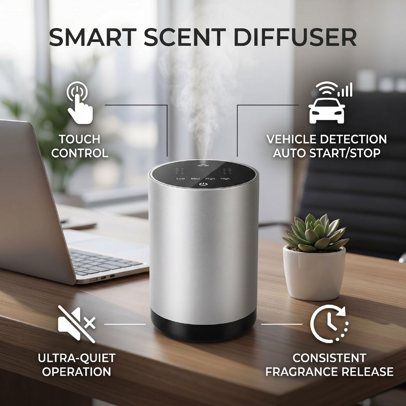 Naroote Difusor de Aceites Esenciales, Difusor Automático de Sobremesa de Aleación de Aluminio con Control Táctil, Funcionamiento Silencioso, para la Oficina, el Dormitorio