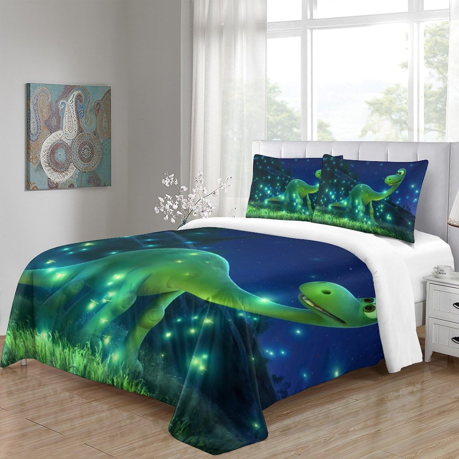Scena notturna dei dinosauri Impressione 3D 3 pz coperteletto Film d'animazione per famiglie cover piumone microfibra ipoallergenica zip per ragazzi adolescenti donne King（220x240cm）