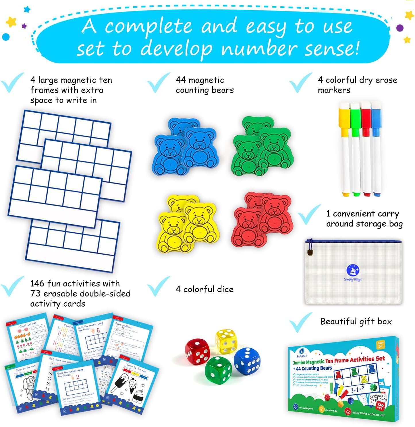 130 PCS Jumbo Magnetic Ten Frames Activity Set with Counting Bears, Math Manipulatives for Kindergarten, PreK, Preschool, Counting Bears Class Set, Math Counters Games for Kids, Homeschool Supplies