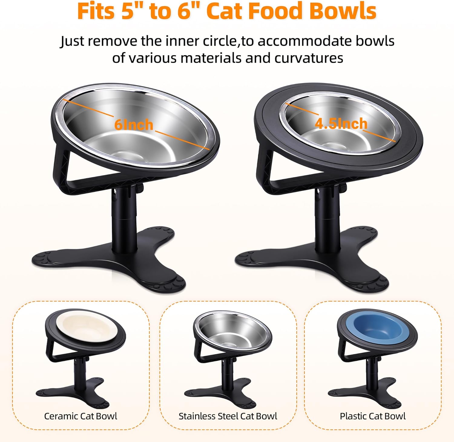 Raised Cat Bowls,Elevated Cat Bowls for Indoor Cats with Height-Adjustable Stand,Non-Slip Stainless Steel Cat Bowls,15° Tilted Cat Food Bowls (2 Pack)