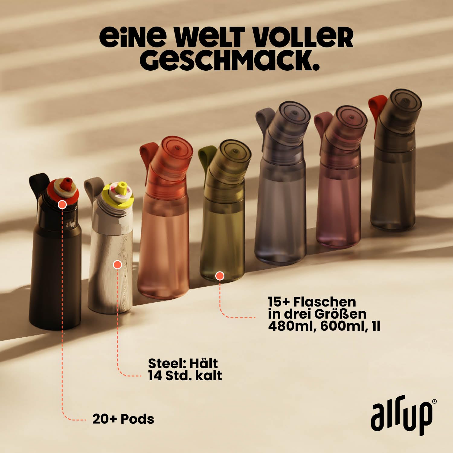 air up Pods 5 sabores en el set de prueba Fantastic Flips | Cápsulas aromáticas para 25 litros de agua con sabor sin azúcar Cola, Sandía, Virgin Mojito, Melocotón, Piña | para botellas air up